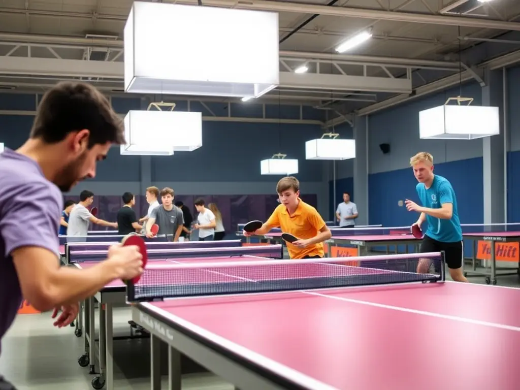 A focused shot of advanced players participating in a high-intensity training session, emphasizing competitive gameplay, tactical analysis, and mental toughness, in a professional table tennis setting.
