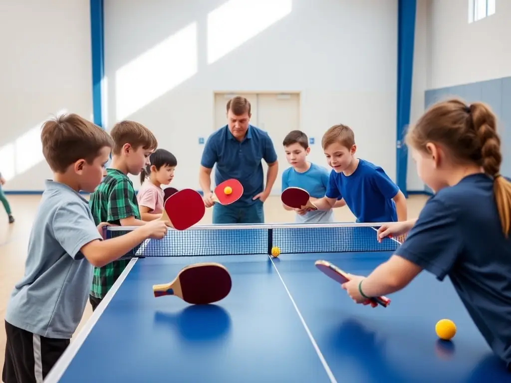 A dynamic shot of young children participating in a beginner's table tennis training session, with a coach demonstrating proper stance and grip in a brightly lit gymnasium.