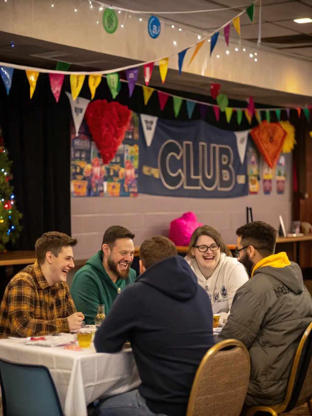 A group of club members laughing and socializing after a training session, emphasizing the friendly and supportive community at TENNIS DE TABLE CAPELLE EN PEVELLE.