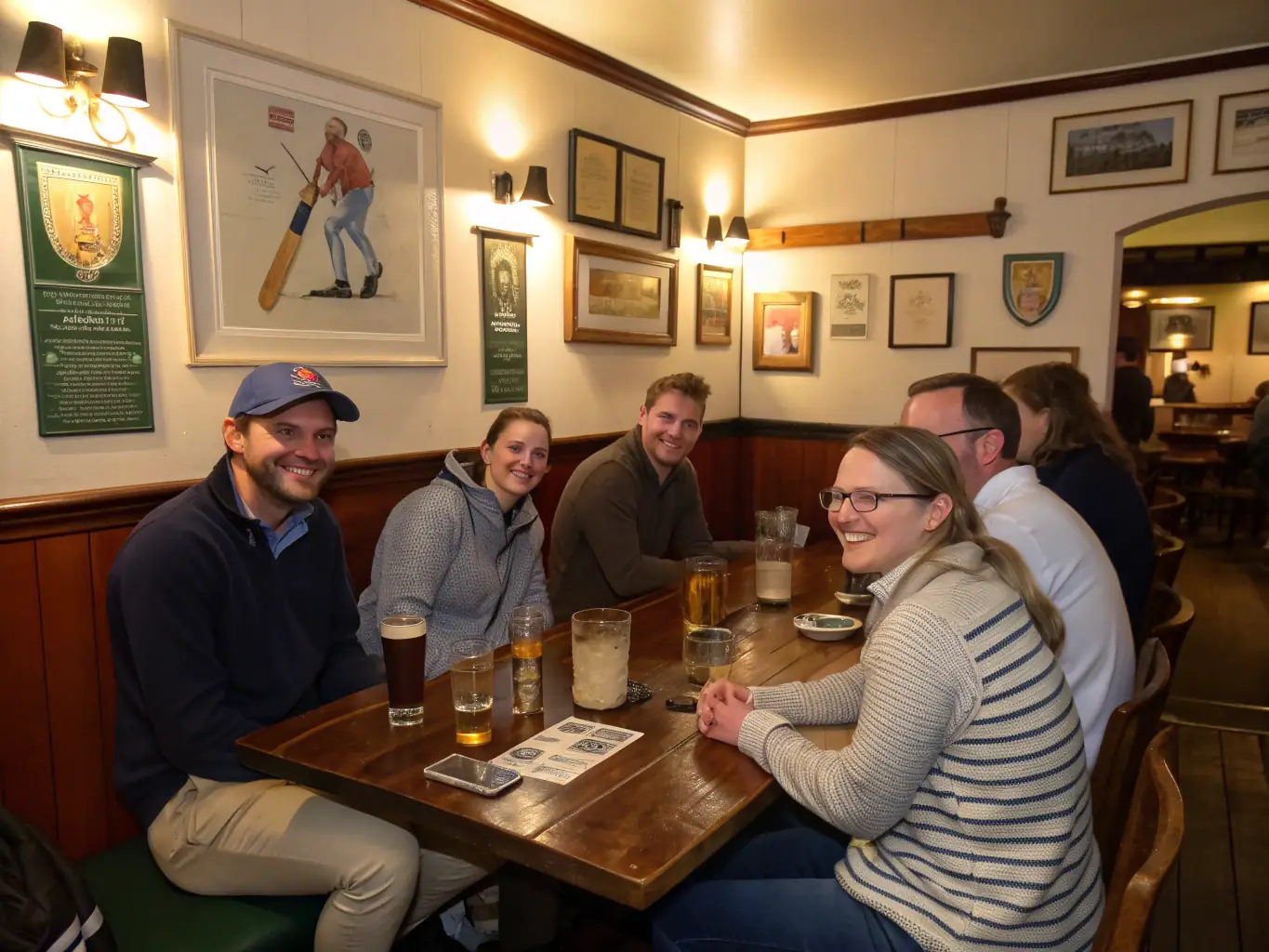 A group of club members of various ages and backgrounds laughing and interacting during a break at a table tennis event, highlighting the club's friendly and inclusive atmosphere.