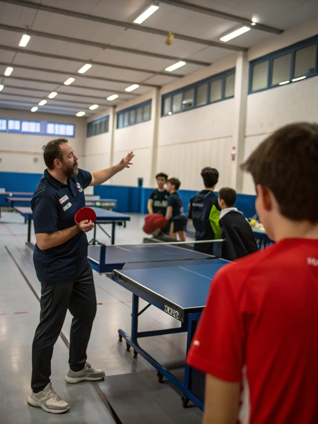 A high-action shot of a table tennis training session at TENNIS DE TABLE CAPELLE EN PEVELLE, focusing on a coach instructing a young player on proper form and technique.