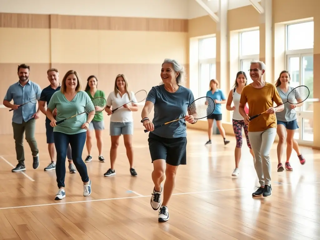 A group of club members participating in a recreational table tennis activity, laughing and enjoying the social interaction in a relaxed and friendly atmosphere.