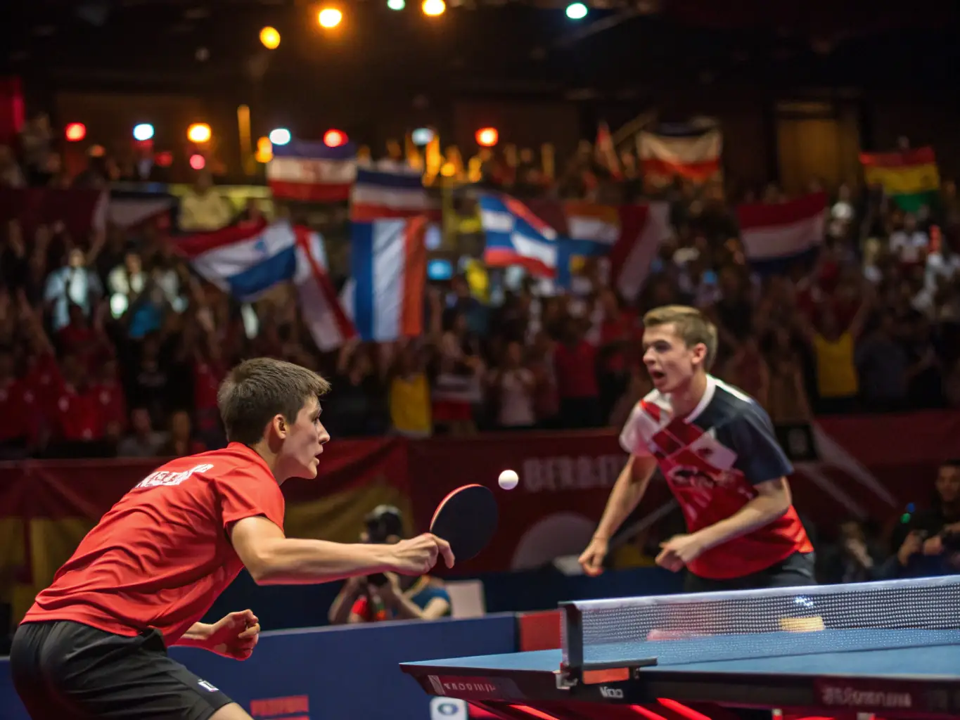An action shot of two adult players competing in a table tennis tournament, showcasing intense focus and skillful play in a competitive setting.